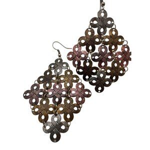 Boho Chic Dangle Drop Earrings Tricolor Ornate Rhombus Articulated Geometric